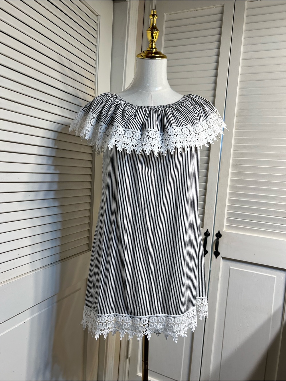 Vintage Black & White Striped Dress with Eyelet Lace